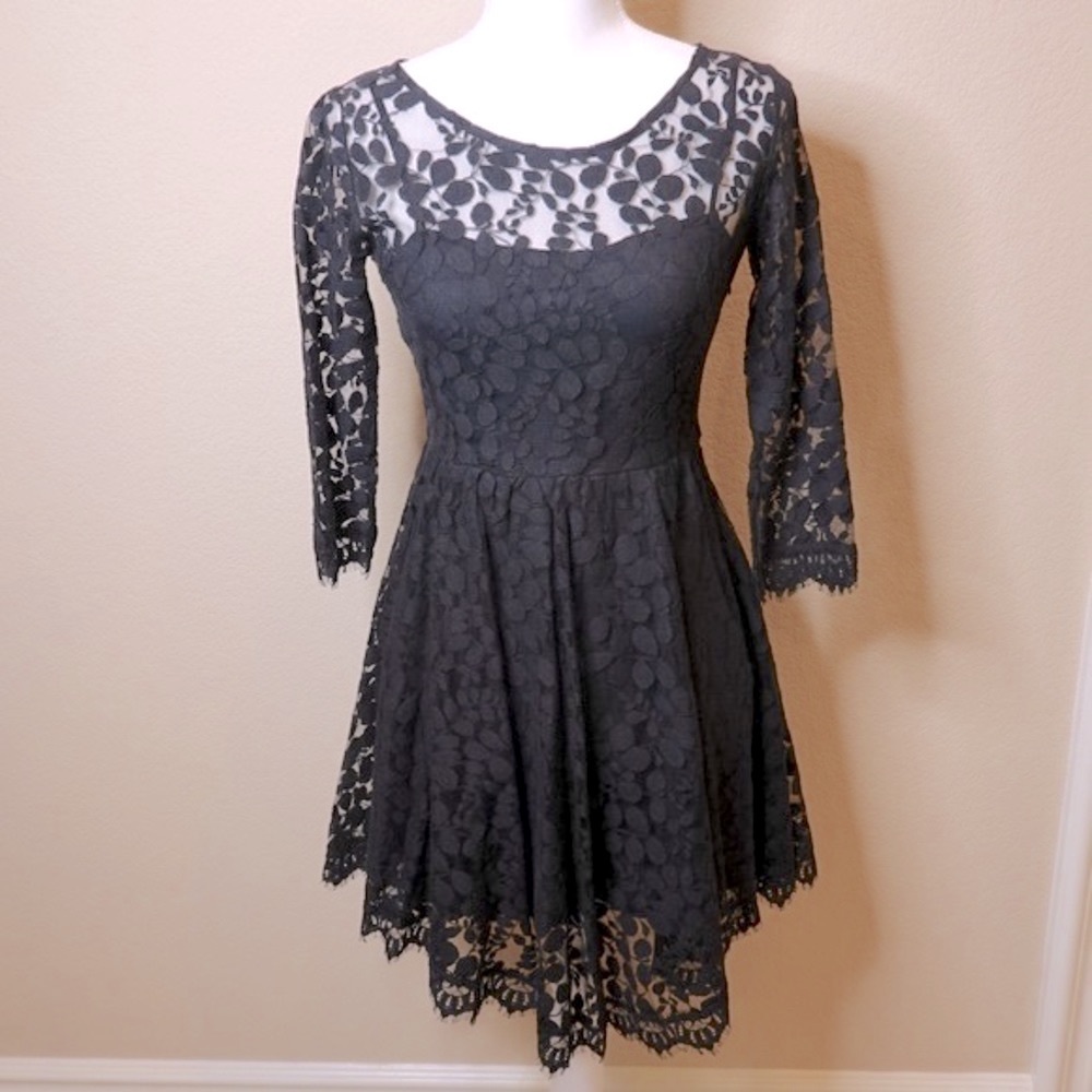 Free People Black Lace Asymmetrical Dress with 3/4 Sleeve